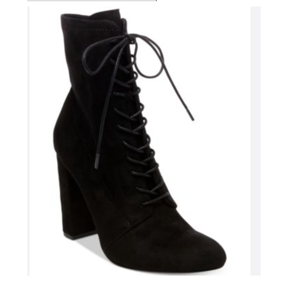 Steve Madden Elley Black Faux Suede Lace-Up Block Heel Side Zip Ankle Boot Sz 7
